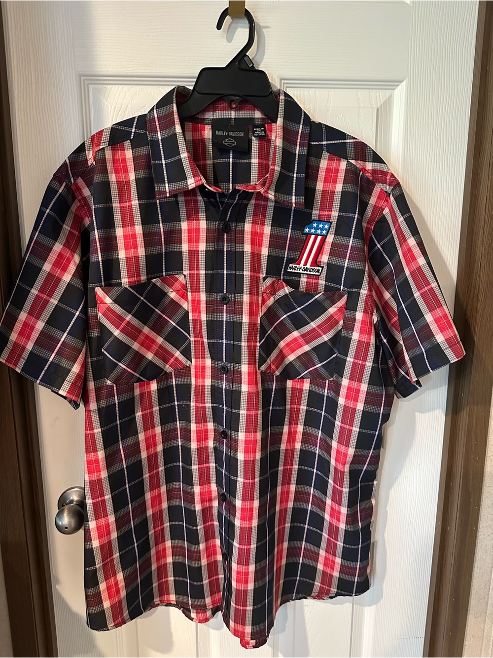 Harley-Davidson Red, Black & White Plaid Short Sleeve Button-Up Shirt Mens XXL